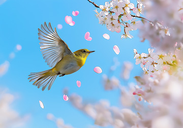 春季桃花小鸟摄影图