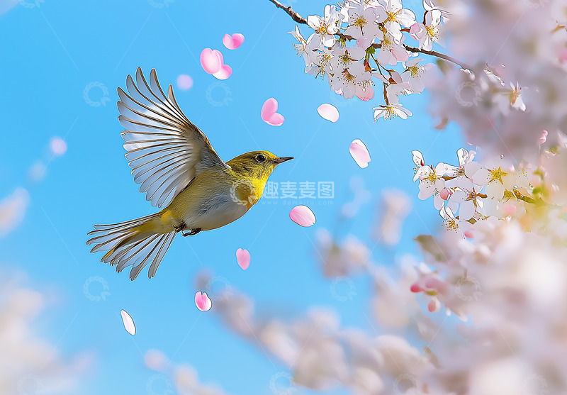 春季桃花小鸟摄影图