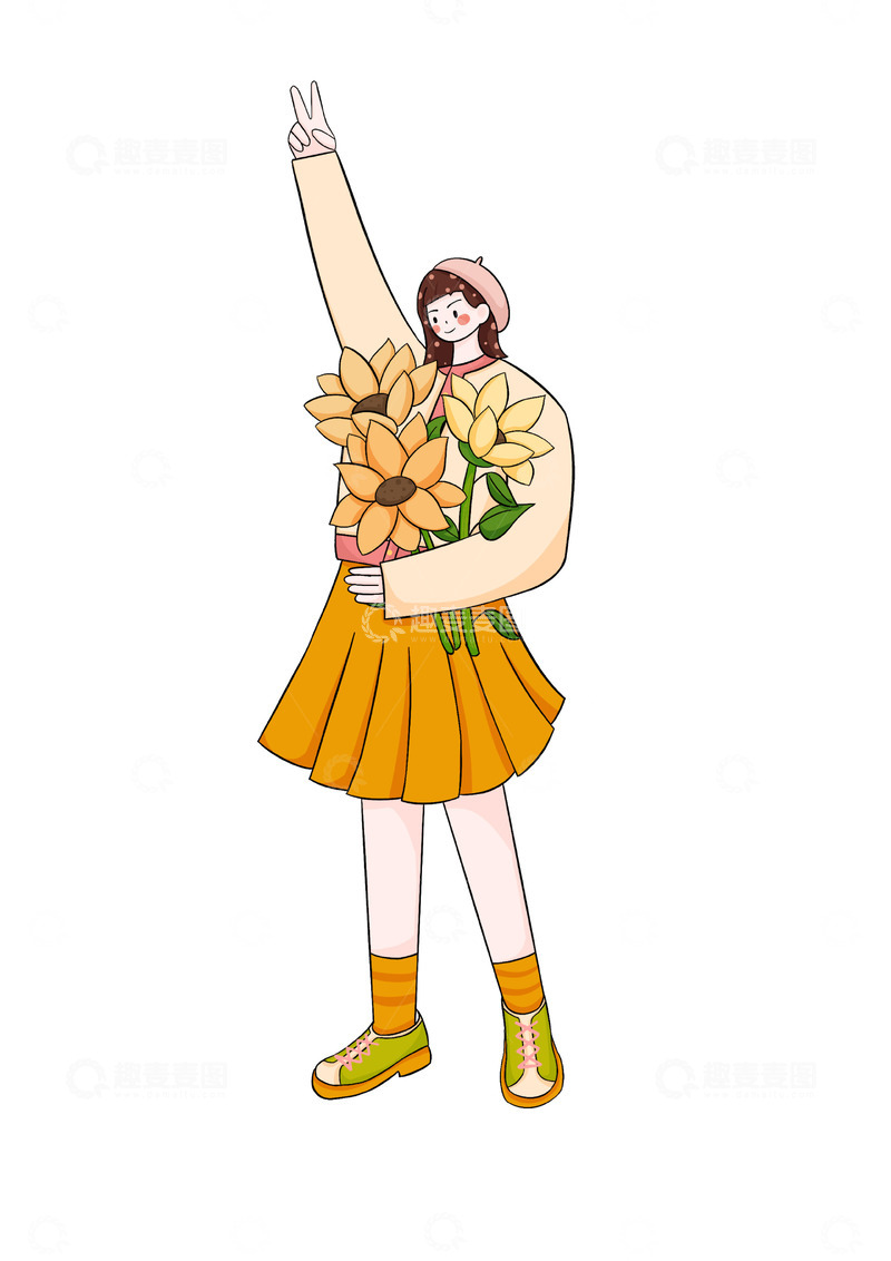 源文件下载【趣麦麦图】抱花的女孩人物插画