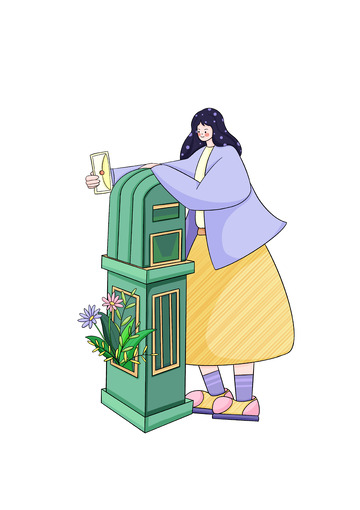 邮筒邮寄信件的女孩插画