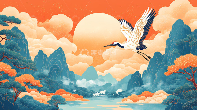 高清大图下载【趣麦麦图】创意国潮风仙鹤山水插画背景
