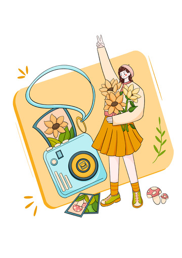 抱花女孩拍照扁平插画
