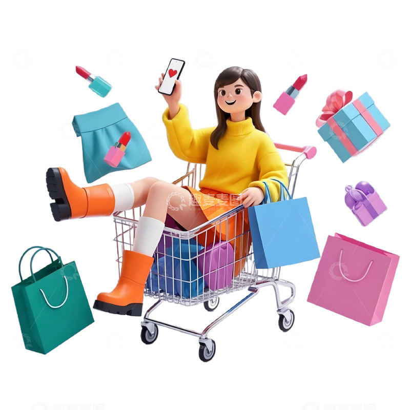 高清大图下载【趣麦麦图】女神节3D卡通人物购物素材