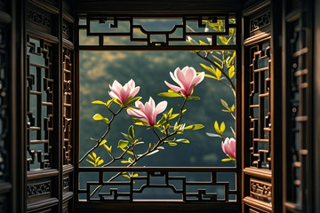 春天窗外玉兰花摄影图