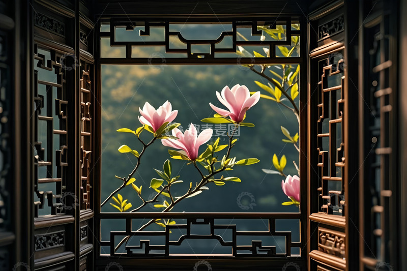 春天窗外玉兰花摄影图