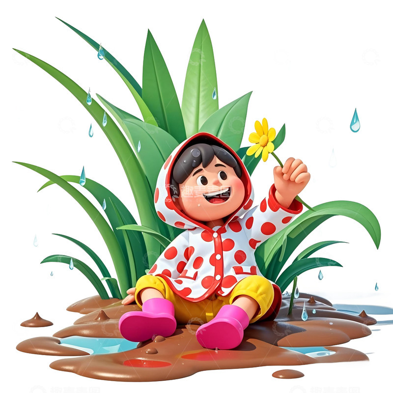 雨水节气卡通3D人物插画素材