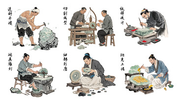 古法玉器制作工艺插画图