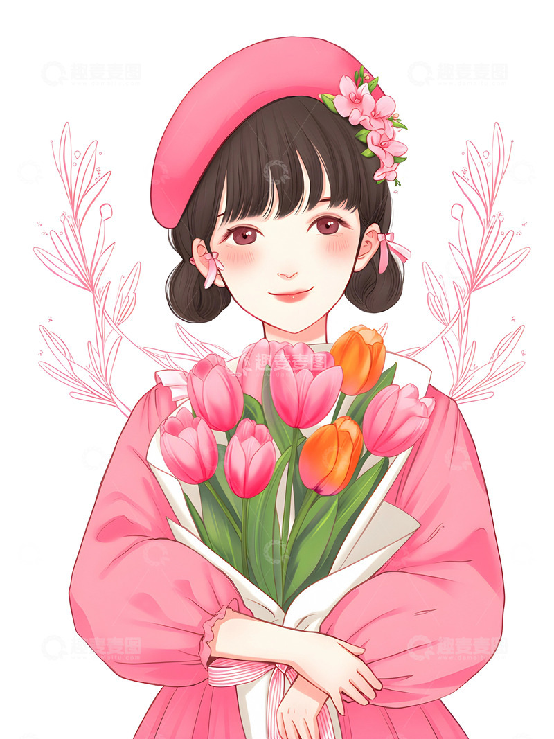 高清大图下载【趣麦麦图】郁金香与粉色女孩2