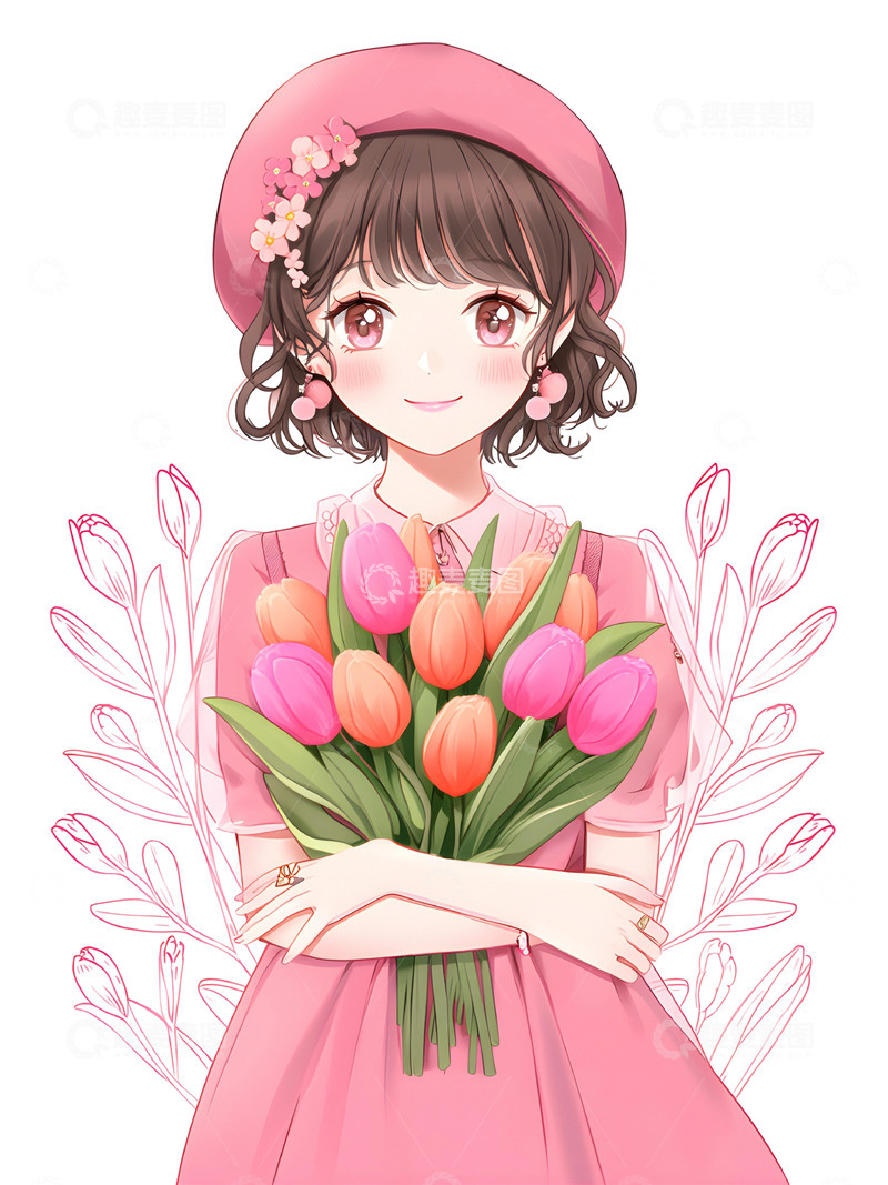 高清大图下载【趣麦麦图】免扣郁金香与粉色女孩