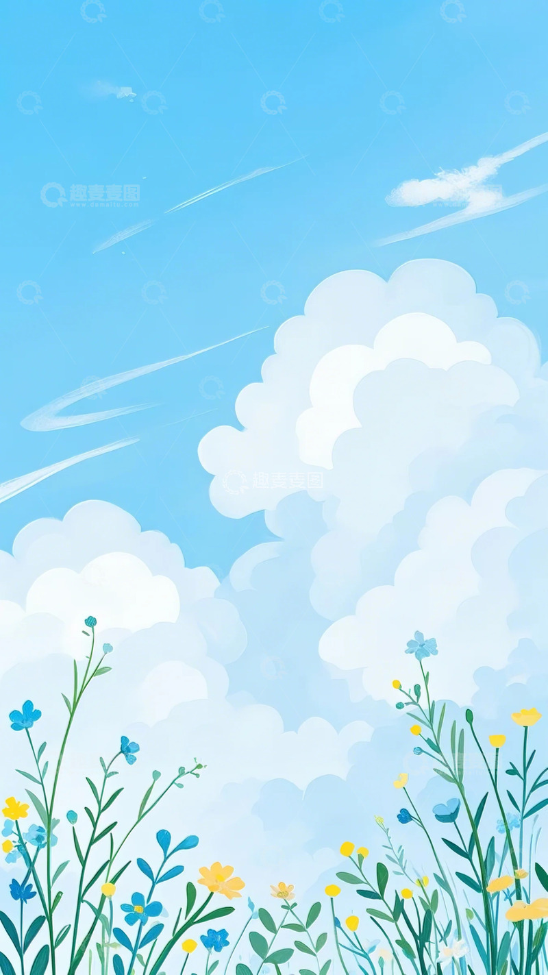 高清大图下载【趣麦麦图】春天花草蓝天白云1