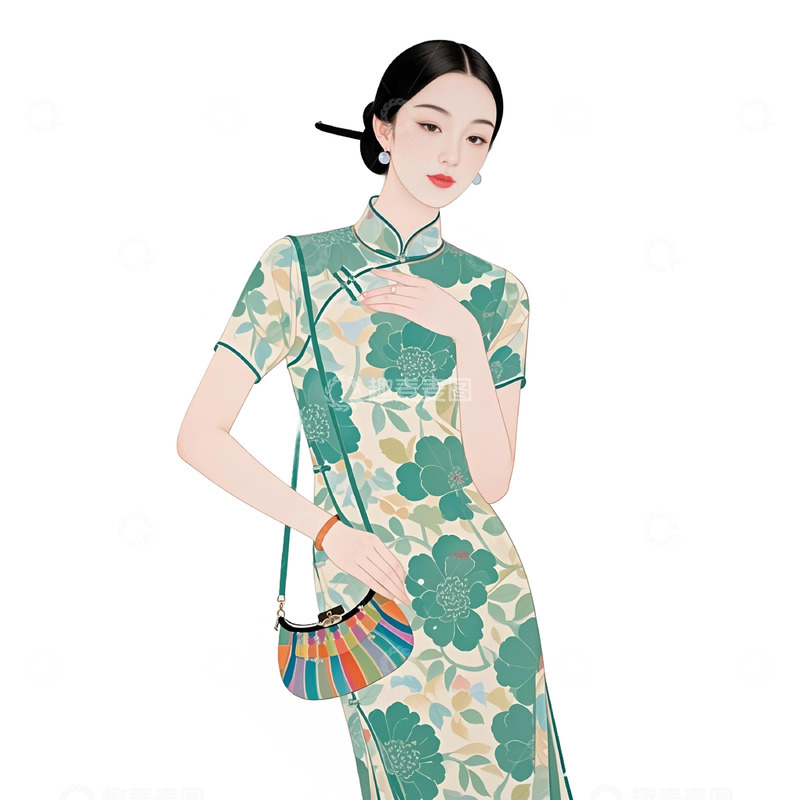 高清大图下载【趣麦麦图】-国潮复古女人工笔画素材1