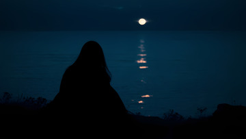 夜晚浪漫海边赏月摄影图