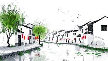 春季插画南方古城插画背景