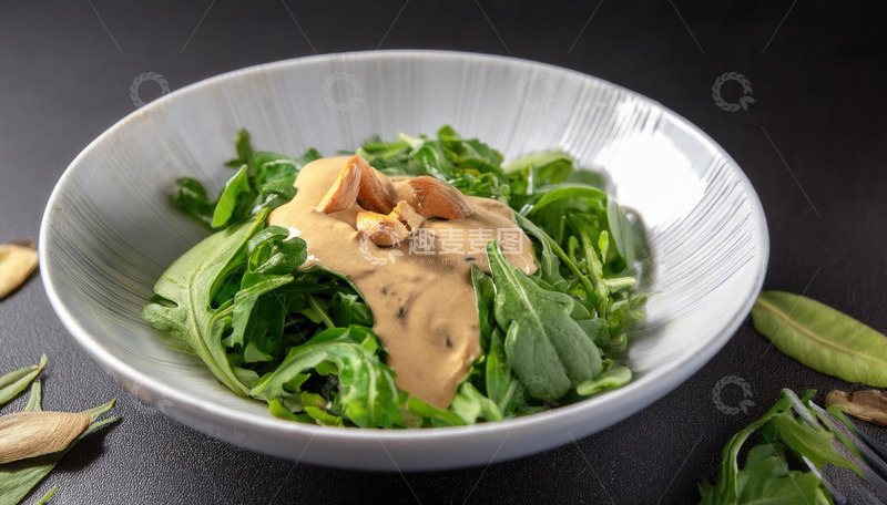 高清大图下载【趣麦麦图】碗中芝麻菜配特色酱汁的沙拉