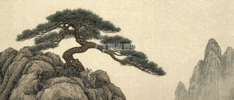 高清大图下载【趣麦麦图】峭壁上的苍松与朦胧远山