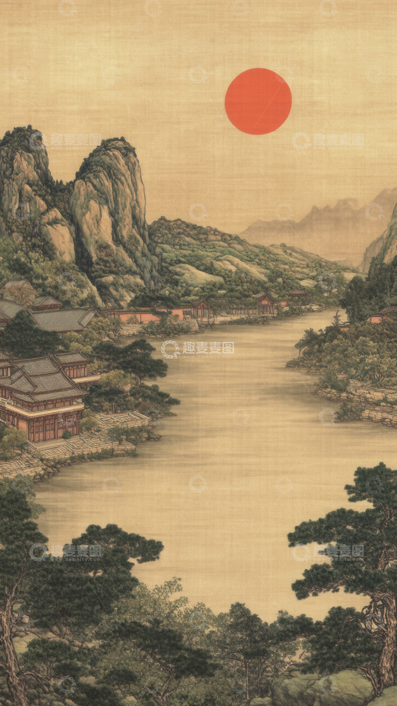 高清大图下载【趣麦麦图】-红日映照下的山水古建风光