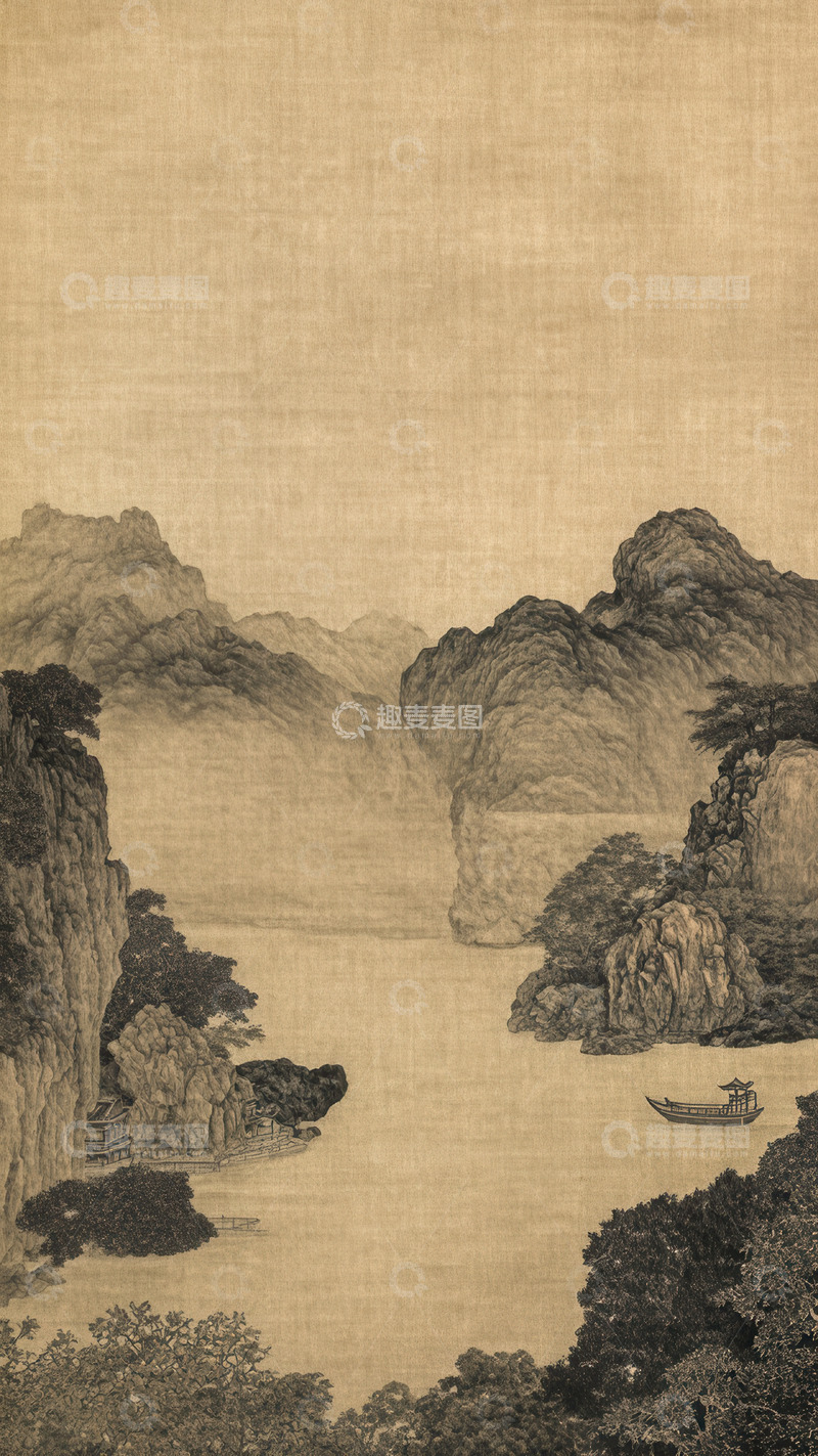 高清大图下载【趣麦麦图】水墨山水间孤舟悠然景致