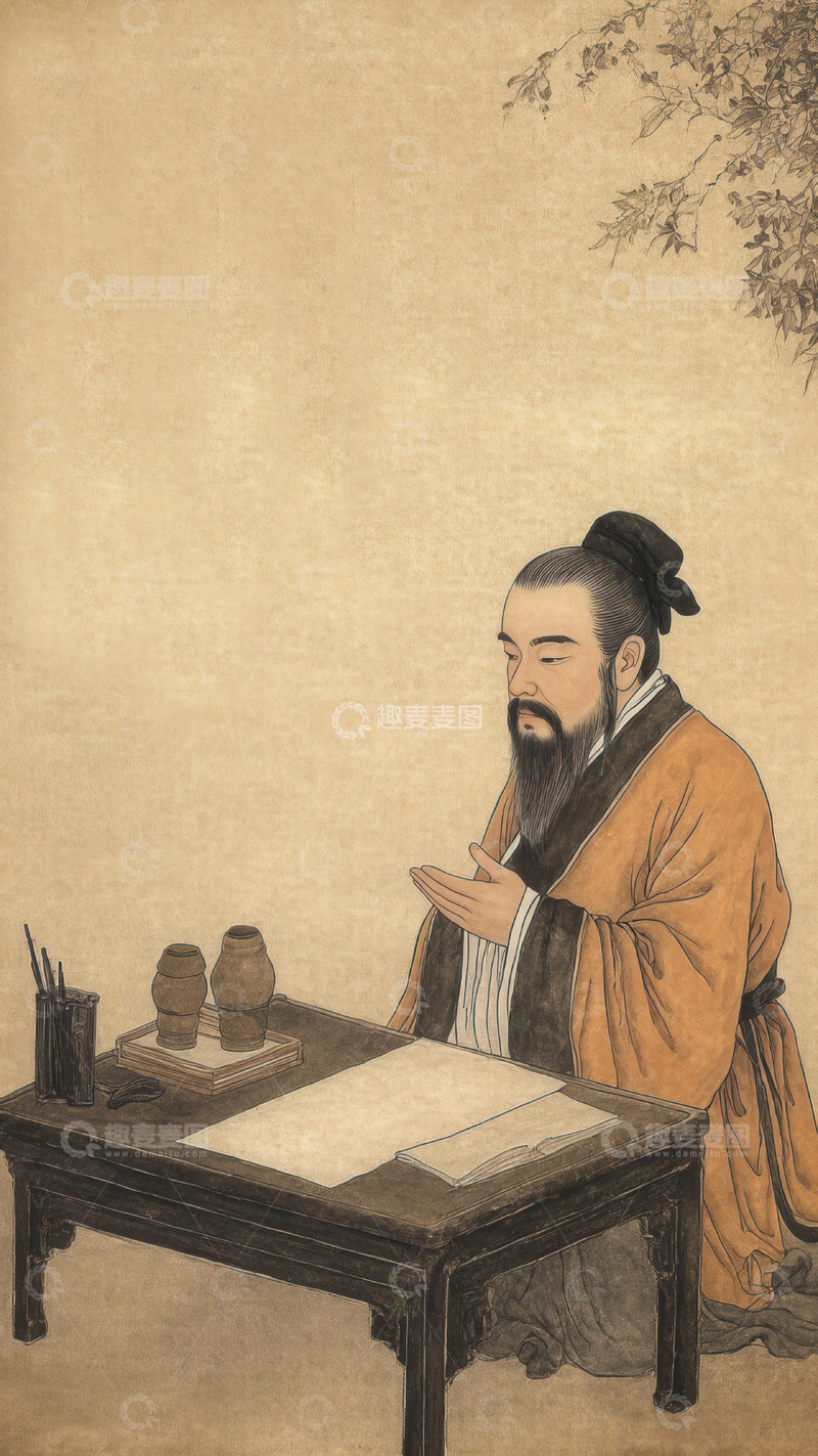 高清大图下载【趣麦麦图】古风文人案前凝思创作图景