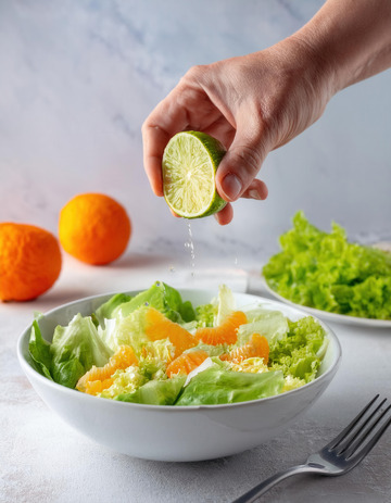 手往生菜橙肉沙拉挤青柠汁