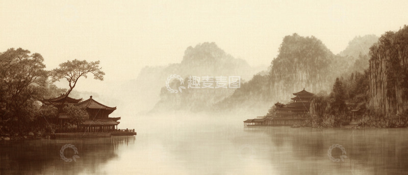 高清大图下载【趣麦麦图】雾霭中静谧的山水古亭景致