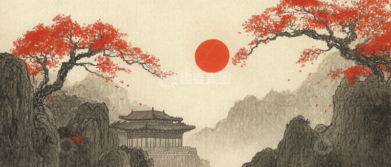 高清大图下载【趣麦麦图】红日映古亭红枫青山共成画