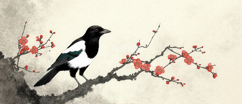 高清大图下载【趣麦麦图】红梅枝上立喜鹊展中式意境