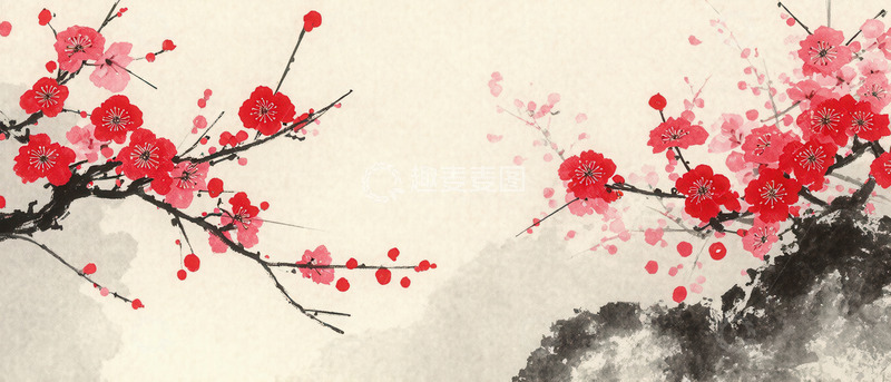 高清大图下载【趣麦麦图】-水墨写意中的艳丽红梅绽放