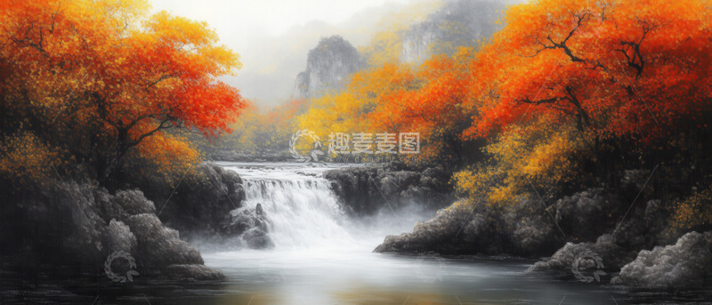 高清大图下载【趣麦麦图】秋景中飞瀑与绚烂枫林之美