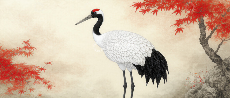 高清大图下载【趣麦麦图】红枫下的优雅丹顶鹤