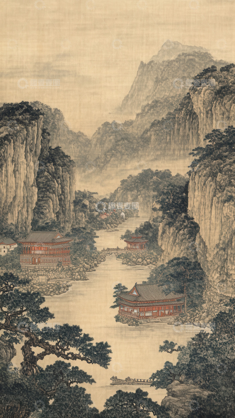 高清大图下载【趣麦麦图】山水间古建隐现的中式幽景