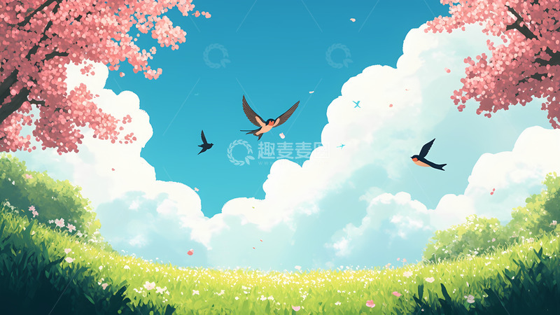 高清大图下载【趣麦麦图】创意卡通手绘春天风景插画1
