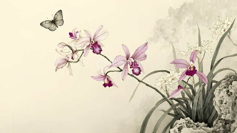 高清大图下载【趣麦麦图】中国风水墨工笔画兰花蝴蝶