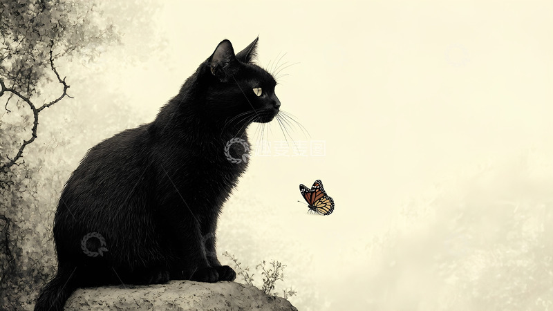 高清大图下载【趣麦麦图】中国风水墨可爱猫咪蝴蝶插画