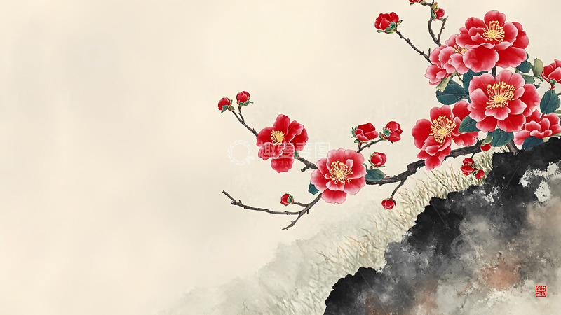 高清大图下载【趣麦麦图】中国风水墨红色梅花插画