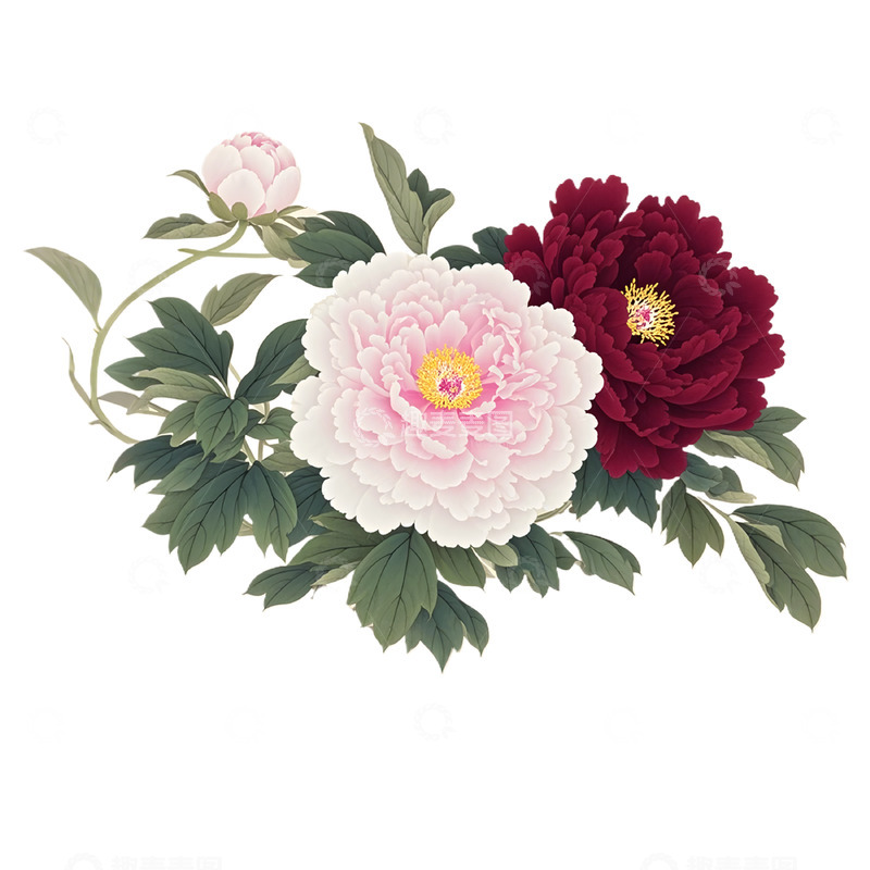 高清大图下载【趣麦麦图】国风牡丹花插画素材1