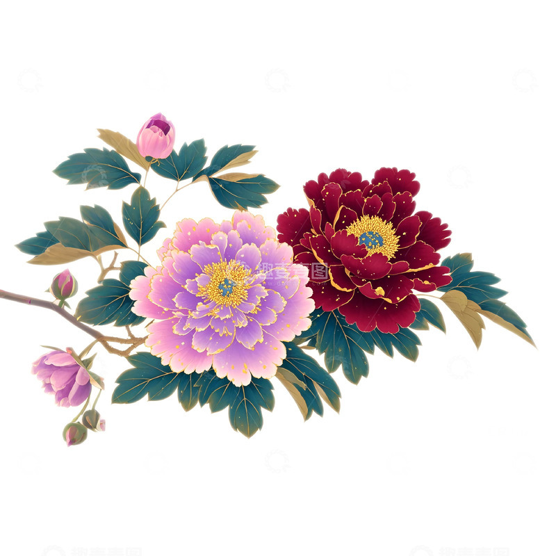 高清大图下载【趣麦麦图】国风牡丹花插画素材