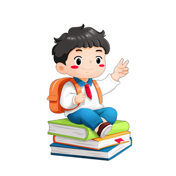 开学季卡通风格坐姿学生人物书籍元素