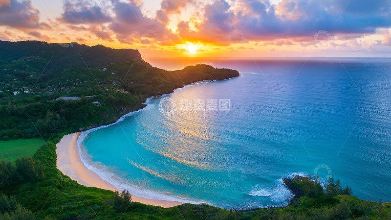 高清大图下载【趣麦麦图】海边海岛夕阳晚霞风光1