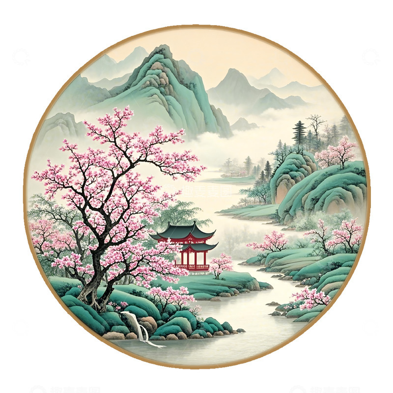 春天工笔画圆形边框素材1