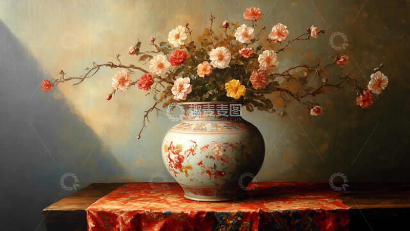 高清大图下载【趣麦麦图】一个放在桌上的花瓶油画