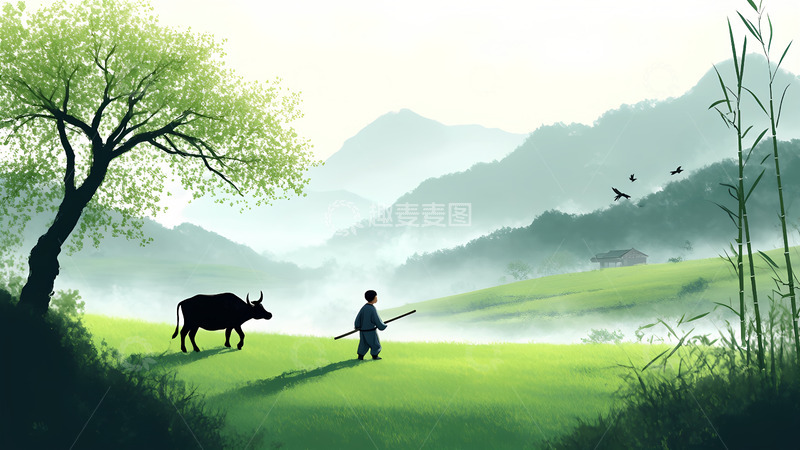 高清大图下载【趣麦麦图】中国风水墨草地上放牛的牧童风景画1