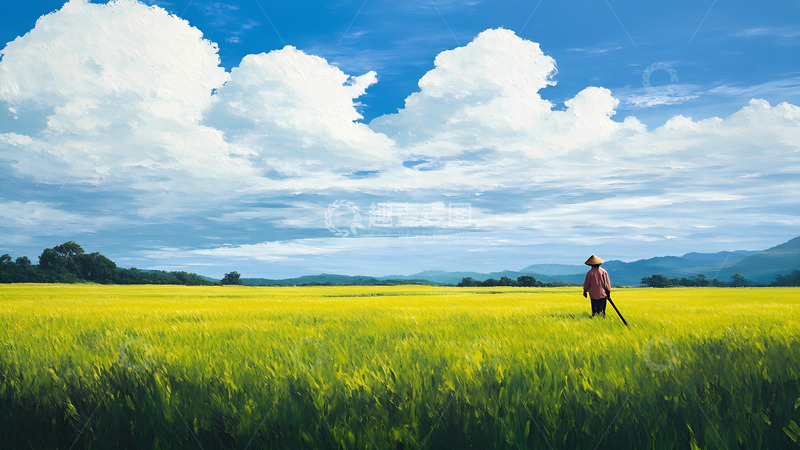 高清大图下载【趣麦麦图】手绘油画天空草地风景