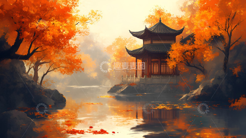 高清大图下载【趣麦麦图】秋天湖面的风景卡通插画