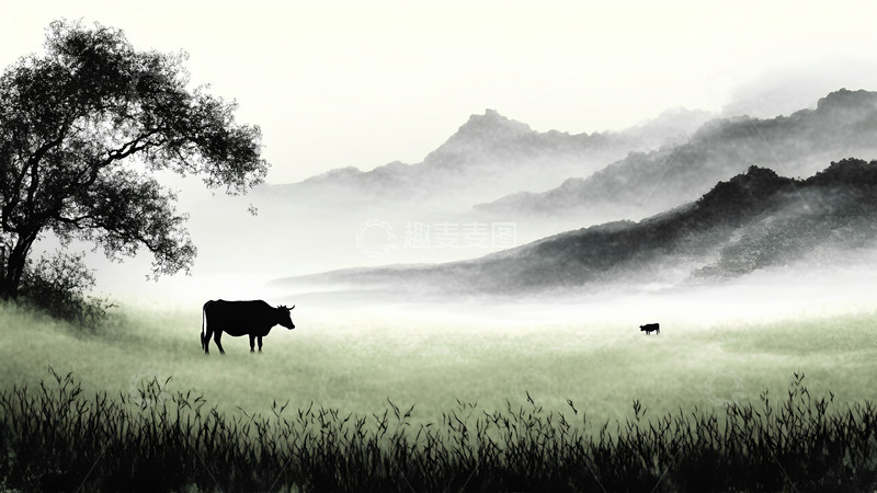 高清大图下载【趣麦麦图】中国风水墨草地上的牛风景画1