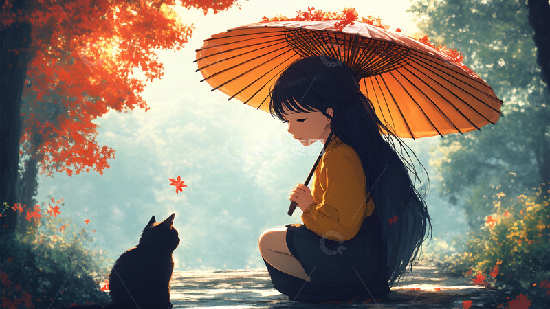 高清大图下载【趣麦麦图】下雨打着伞的女孩与猫咪插画