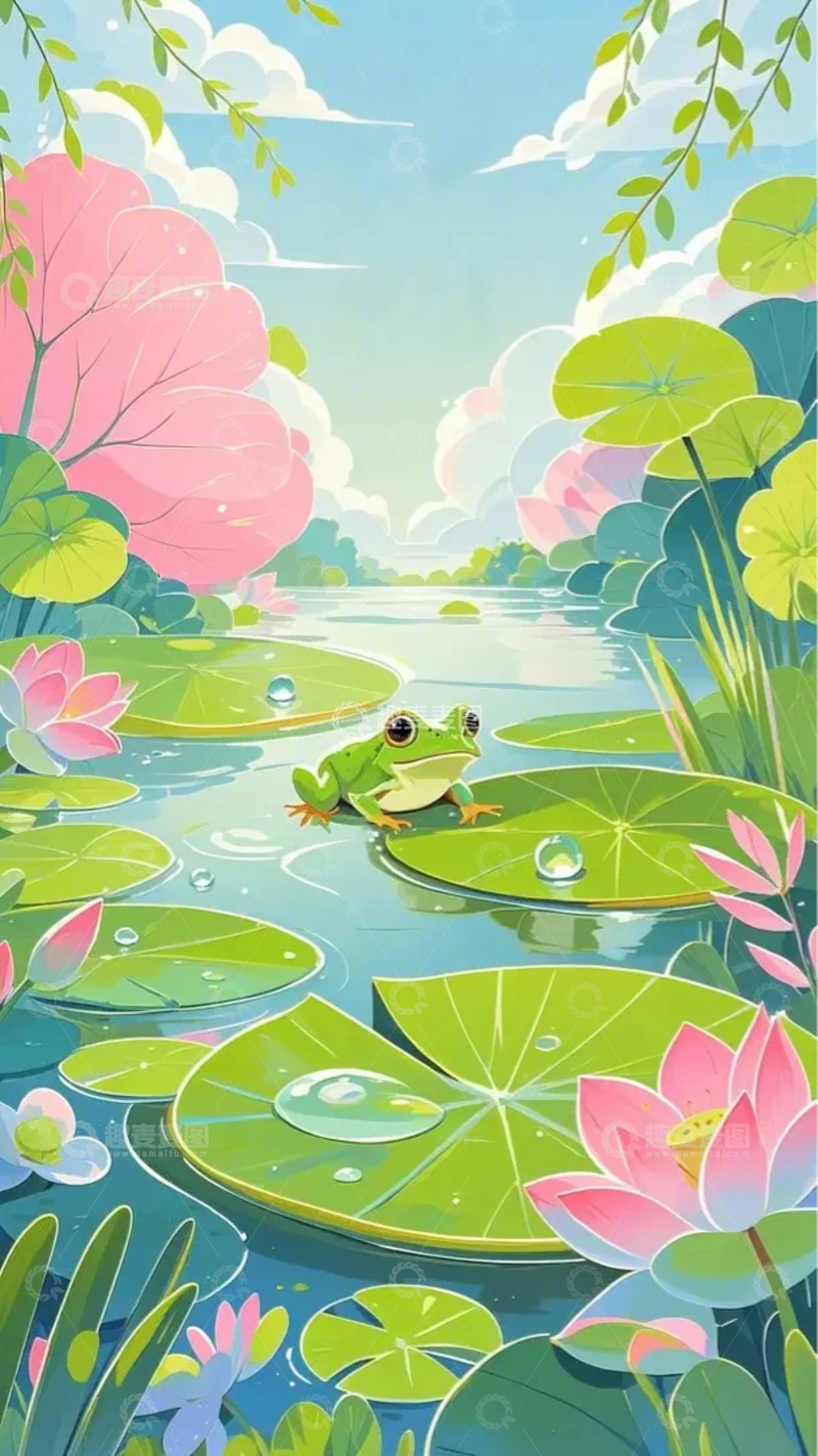 高清大图下载【趣麦麦图】夏天 荷花 小青蛙