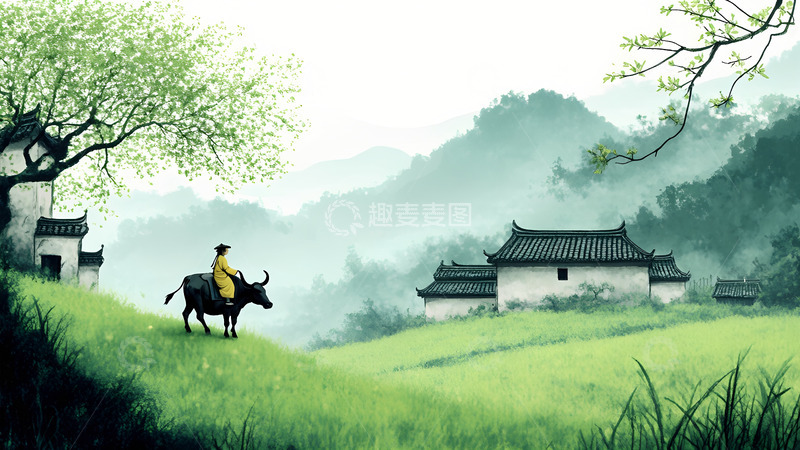高清大图下载【趣麦麦图】中国风水墨草地上放牛的牧童风景画