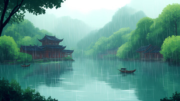 中国风雨中的湖面亭台风景画