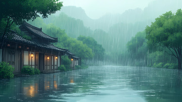 雨水下雨的湖面风景插画