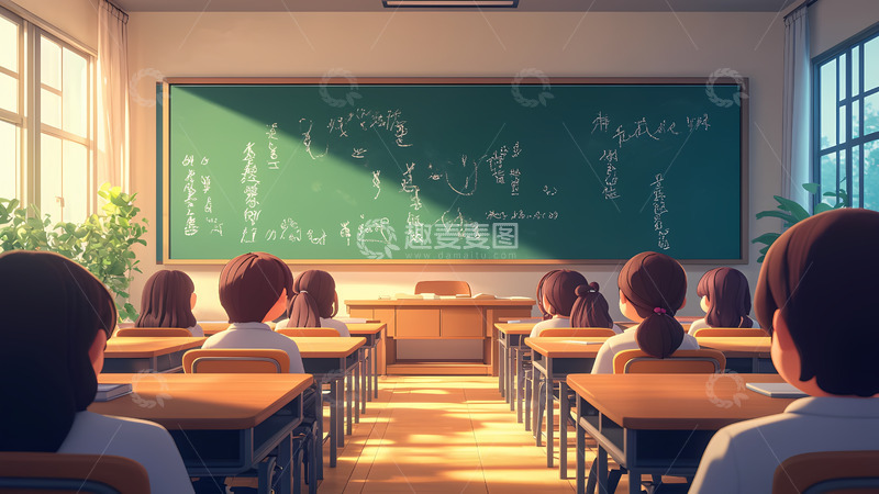 学校校园教室里的学生插画